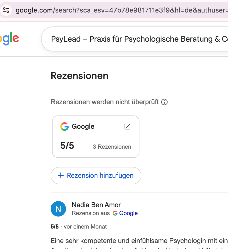 Screenshot der Google-Bewertungen für PsyLead mit 5 von 5 Sternen und drei Rezensionen